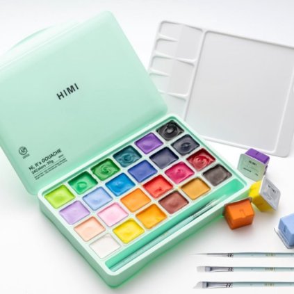 3680 himi kvasove barvy jelly cup gouache set 24 colours 3 stetce green case edition