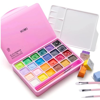 3683 himi kvasove barvy jelly cup gouache set 24 colours 3 brushes pink case edition