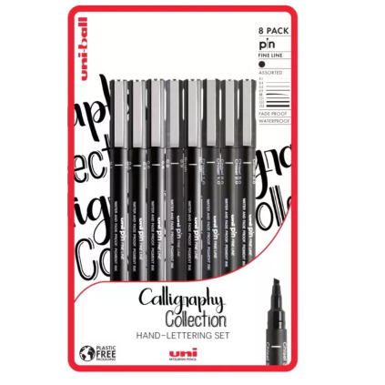 3062 uni pin calligraphy sada 8 ks lineru cerny