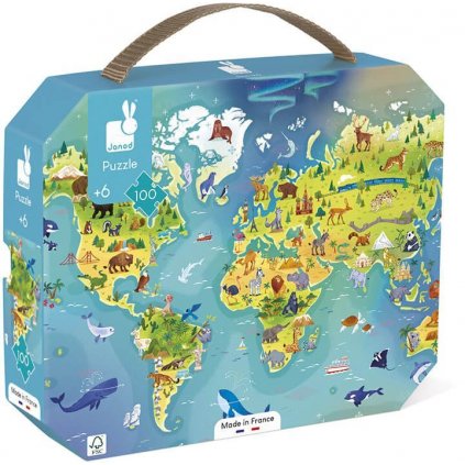 Janod - Puzzle Mapa světa v kufříku - 100ks