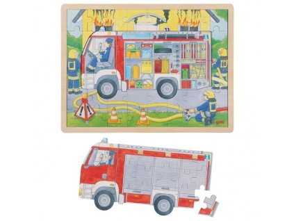 Zvenku a uvnitř - Dřevěné vrstvící puzzle Goki hasiči
