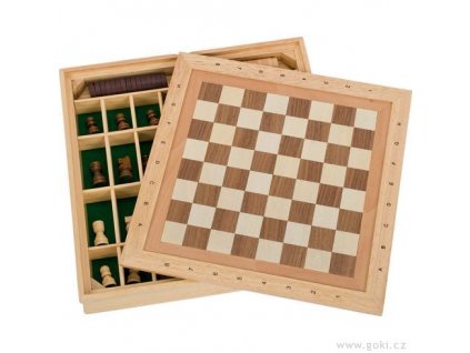 Šachy, dáma a mlýn v dřevěném boxu 34x34 cm