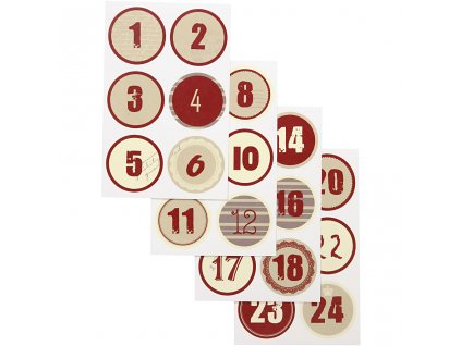 Vánoční samolepky na adventní kalendář, červeno-zlaté, průměr 4 cm