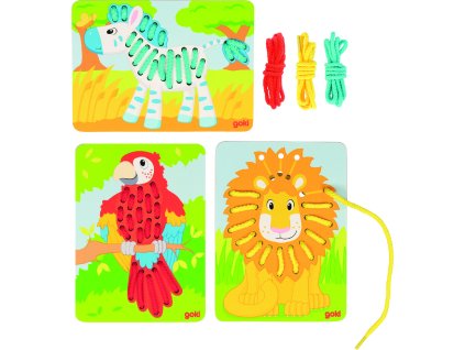 Dřevěná navlékací hra Zvířecí trio – papoušek, lev, zebra