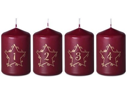 Válec advent 4ks 58x90 mm Hvězdy s čísly zlatý potisk, bordó svíčka