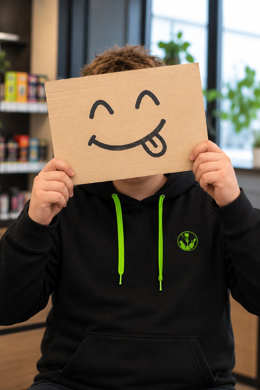 Vtipný anonymní portrét Dana, který před obličejem drží karton s veselým smajlíkem