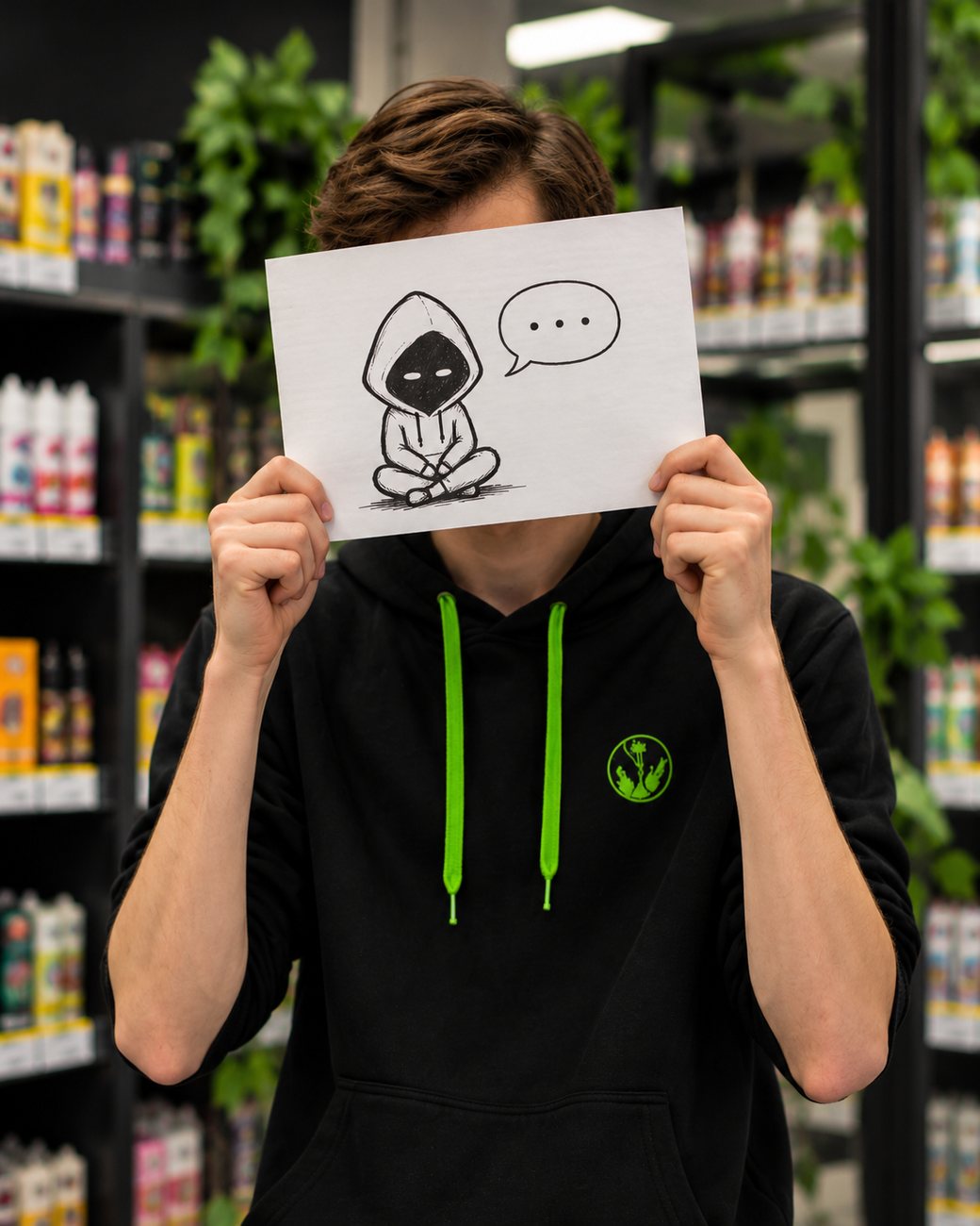 Vtipný anonymní portrét Petra s kresbou tiché postavičky před obličejem