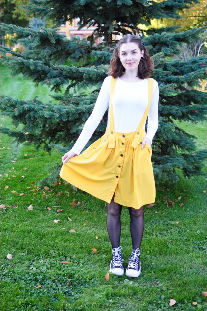 ŽLUTÁ sukně s kšandami (manšestr středně jemný)