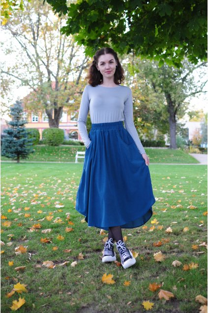 MODRÁ asymetrická sukně (manšestr středně jemný)