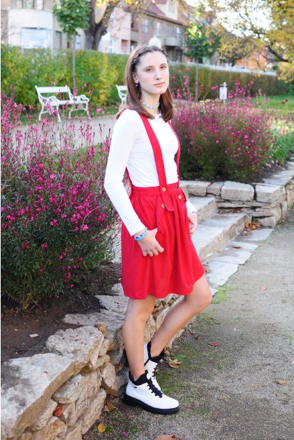 ČERVENÁ sukně s kšandami (manšestr středně jemný)