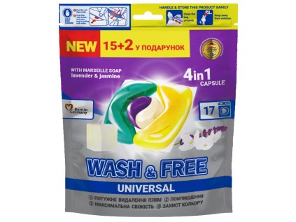 Prací prostředek ve formě kapslí WASH&FREE jasmín a levandule s marseillským mýdlem 15+2 ks (DOYPACK)