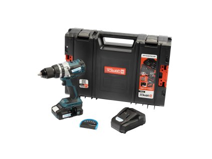 XTLINE Aku vrtačka s příklepem bezuhlíková 18 V, 65 Nm + baterie 2.0 Ah + nabíječka 2.4 A + sada bitů 7 dílů + box