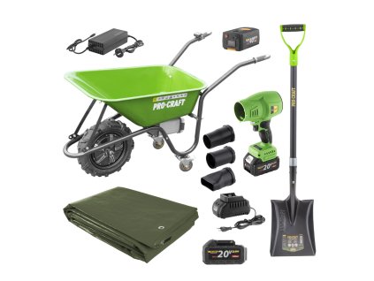 Aku kolečko Procraft PWB150 + aku fukar PB18 + lopata GSS-1150 + plachta GT3x4