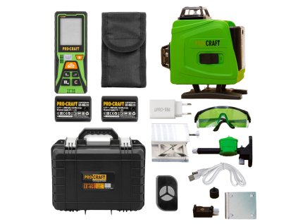 Laser zelený liniový, křížový samonivelační Procraft LE-4G + laserový měřič vzdálenosti Procraft PLD