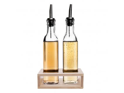 Skleněné láhve na ocet/olej ve stojanu