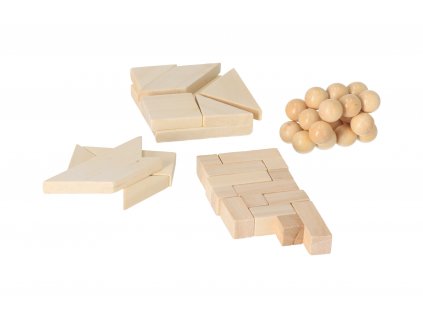 Dřevěné hlavolamy v pytlících- set 4 ks