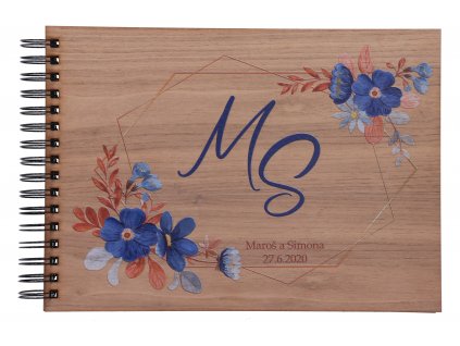 Dřevěné svatební fotoalbum ořech - modré květy (Zvoľte variantu Čierne listy s bielou fixkou)
