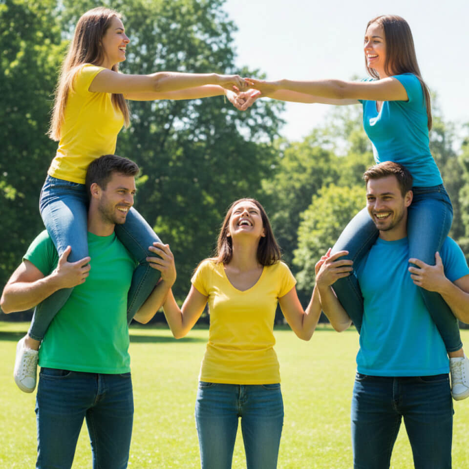 Tým ve firemním oblečení s potiskem