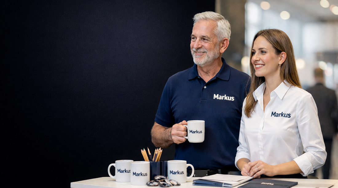 Tým ve firemním oblečení s potiskem na veletrhu