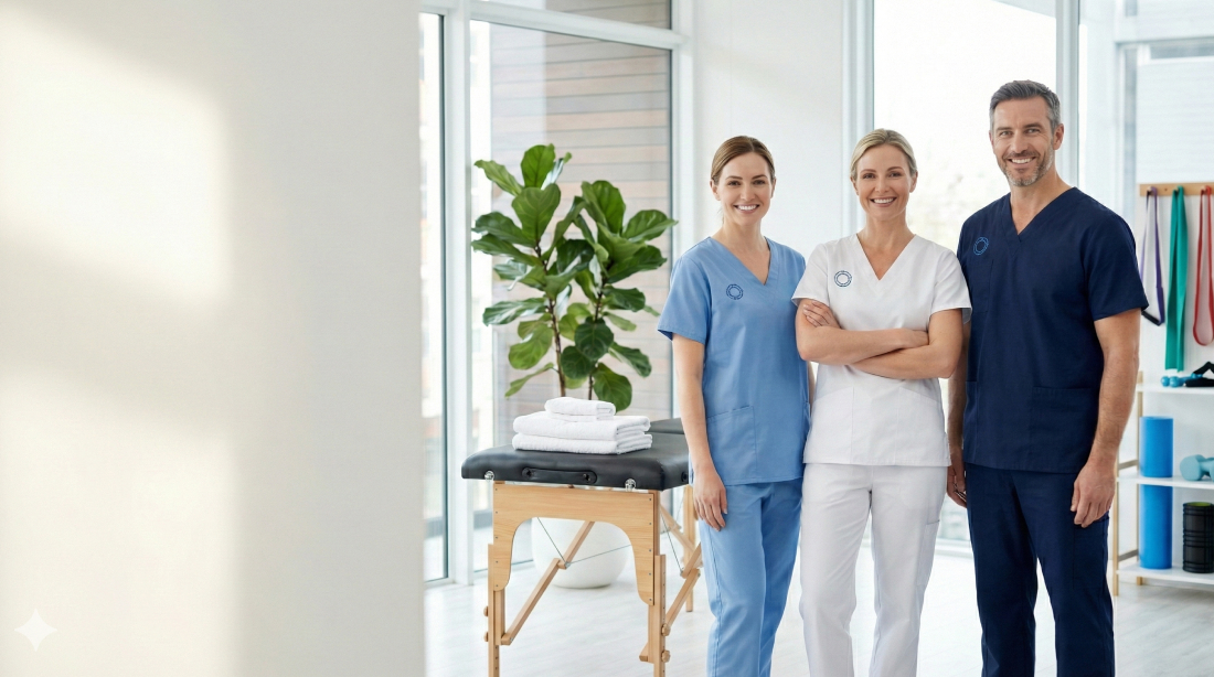 Tým zdravotníků v profesionálním oblečení s potiskem