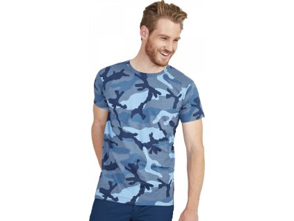 Kamuflážové pánské triko ve slim-fit střihu ze 100% bavlny (Barva modrá kamufláž, Velikost L)