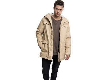 Teplá zimní pánská parka s vysokým límcem Urban Classics s kožíškem (Barva béžová, Velikost L)