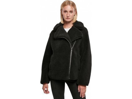 Dámská oversize bunda do pasu s kožíškem a se šikmým zipem (Barva černá, Velikost 3XL)