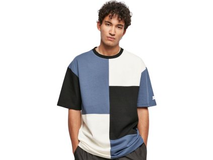 Patchworkové teplé pánské triko v oversize střihu 240 g/m (Barva modrá - černá, Velikost L)