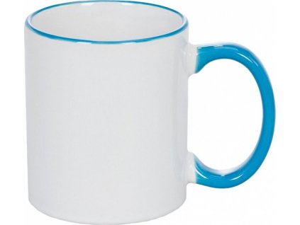 Bílý keramický hrnek se světle modrým lemem a uchem AveTech