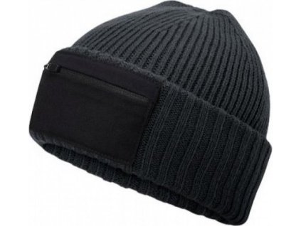 Čepice s dvouvrstým úpletem a přední našitou kapsou na zip (Barva černá)