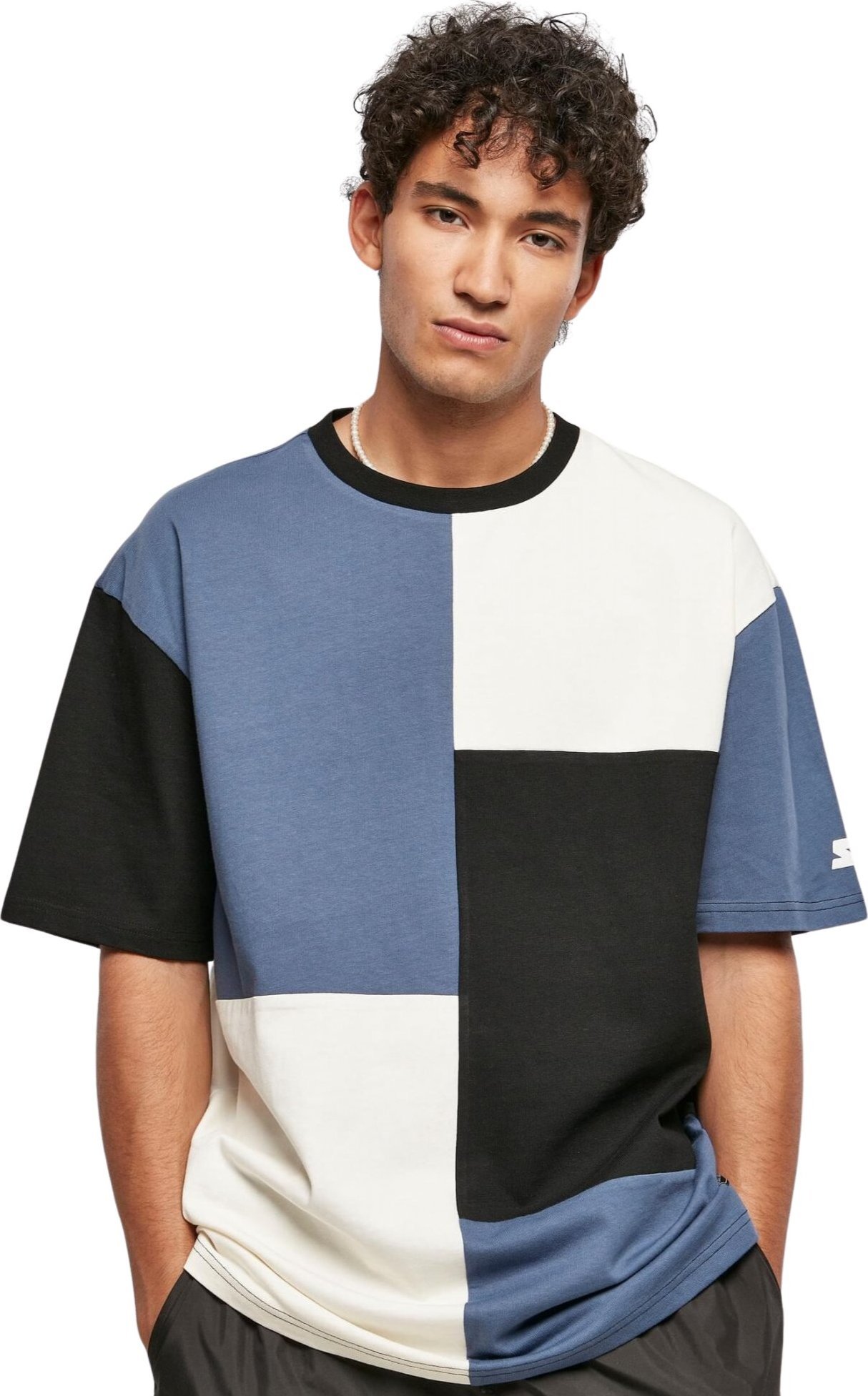 Urban Classics Patchworkové teplé pánské triko v oversize střihu 240 g/m Barva: modrá - černá