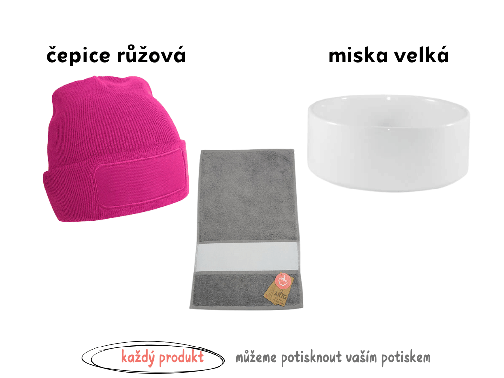 cistytriko Pejskařský set: Pohoda doma i venku Velikost misky: miska velká, objem 1100 ml, Barva čepice: růžová čepice + vlastní potisk na všechny produkty v ceně