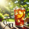 DALL·E 2024 08 31 19.06.55 A tall, full glass of iced tea with ice cubes and slices of lemon floating inside. The glass is placed on a wooden table with a sunny outdoor garden s