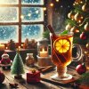 DALL·E 2024 08 31 19.28.18 A tall, full glass of warm tea with a slice of lemon floating inside, set on a wooden table decorated with Christmas themed items. The scene includes