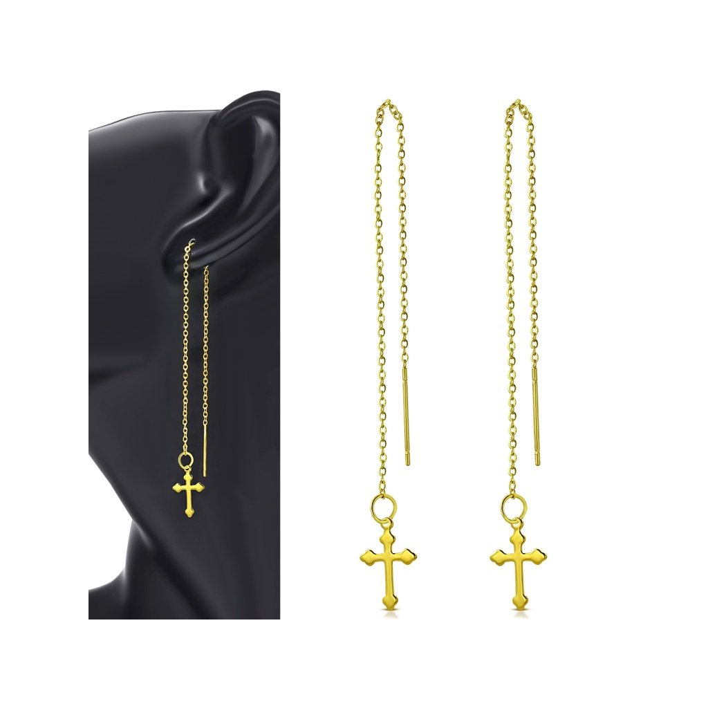 Dámske dlhé náušnice s krížom v zlatej farbe