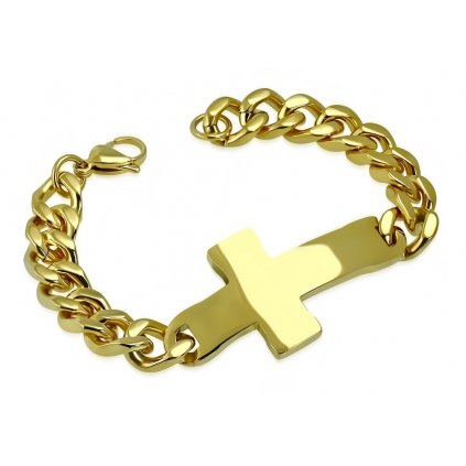 Pánsky hrubý zlatý oceľový náramok s krížom - Steven II