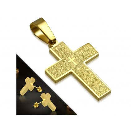 Oceľový set v zlatej farbe - prívesok a náušnice v tvare kríža s modlitbou