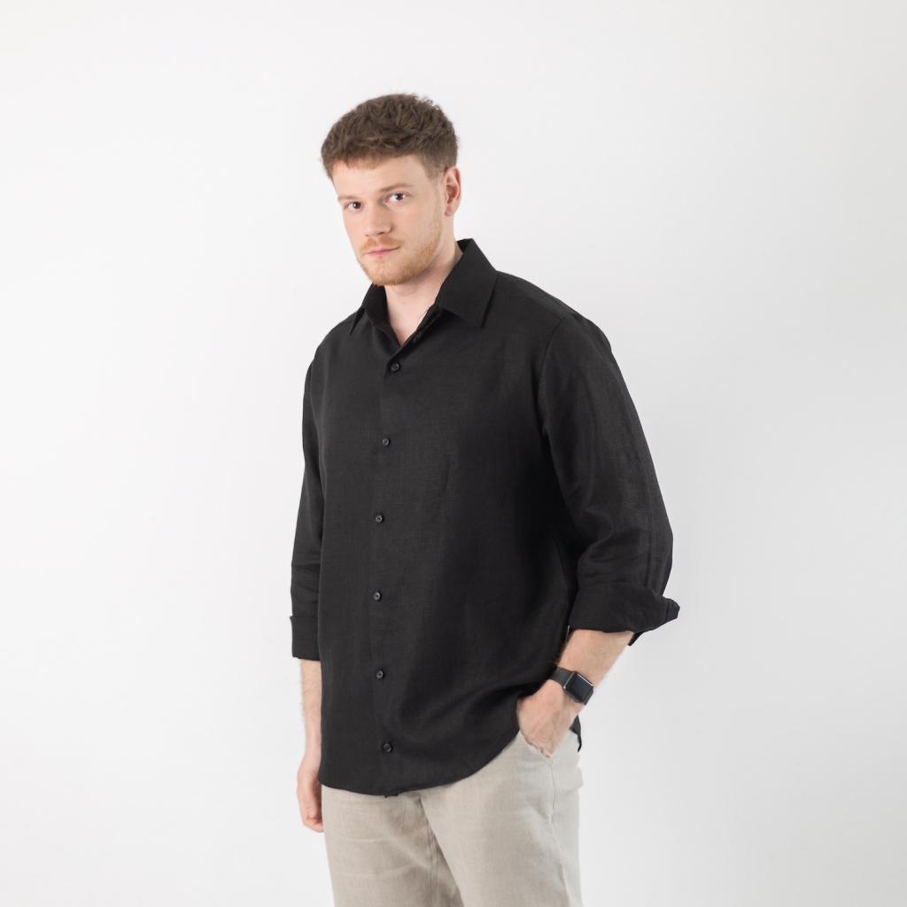 Pánská lněná košile s límečkem - ČERNÁ 1