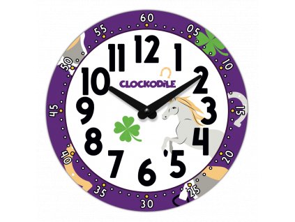 CLOCKODILE Dětské nástěnné hodiny fialové s koněm ⌀25cm