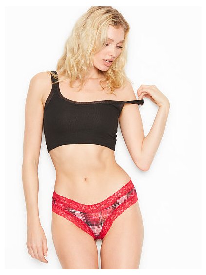 VICTORIA'S SECRET Dámské kalhotky brazilky s krajkou Stretch Cotton Lace-Waist Cheeky Panty (Barva Červená, Velikost L)