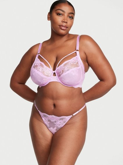 VICTORIA'S SECRET dámské kalhotky –tanga Silky Lilac Fishnet Lace V-String Panty - lososová - cloogo.cz