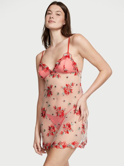 VICTORIA'S SECRET dámské Květinové vyšívané průsvitné síťované noční šaty Floral Embroidery Sheer Mesh Slip Červená