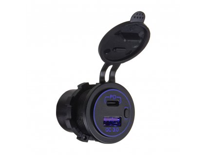 USB nabíječka QC3.0 + USB-C, modré podsvícení