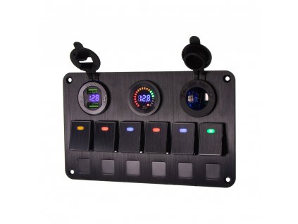 Panel s 6x spínači, CL, voltmetr + USB zásuvka, 12/24V