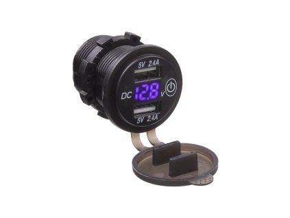 x 2x USB nabíječka s voltmetrem voděodolná do panelu, modré