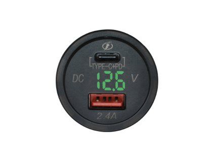 Adaptér 12V -> USB 2,4A + USB C + V-metr