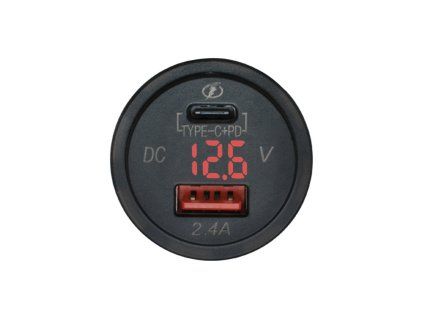 Adaptér 12V -> USB 2,4A + USB C + V-metr