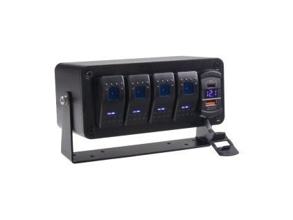 Panel s 4x spínači Rocker, voltmetr +  USB/USB-C zásuvka, 12/24V