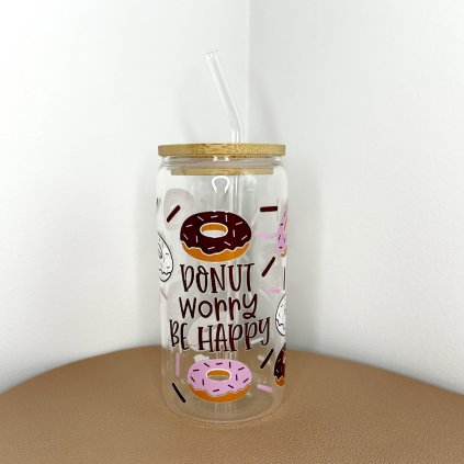 Sklenička donut - brčko a víčko součástí