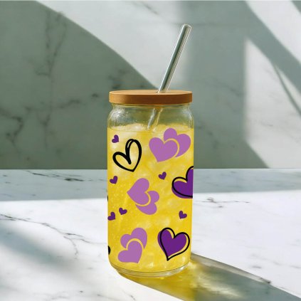 Sklenička Srdíčka fialová - brčko a víčko součástí